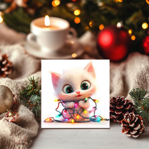 White Kitten Binging Holiday Cheer Urlaubskarte Feiertagskarte