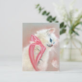 White Kitten Cat Pink Bow Postcard Postkarte (Stehend Vorderseite)
