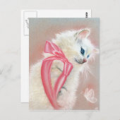 White Kitten Cat Pink Bow Postcard Postkarte (Vorne/Hinten)