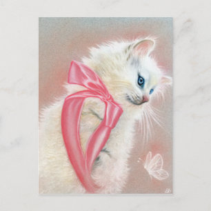 White Kitten Cat Pink Bow Postcard Postkarte