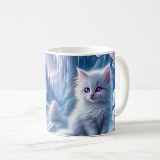 White Kitten in Fantasy Ice Kingdom Kaffeetasse (VorderseiteRechts)