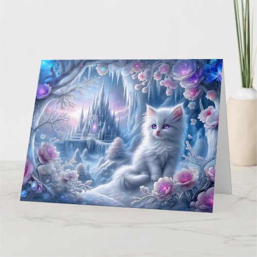 White Kitten in Fantasy Ice Kingdom Karte (Vorderseite)