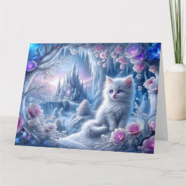 White Kitten in Fantasy Ice Kingdom Karte