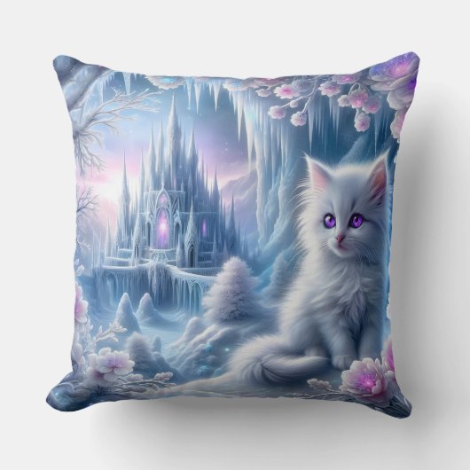 White Kitten in Fantasy Ice Kingdom Kissen (Vorderseite)