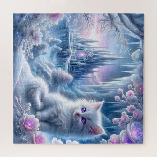 White Kitten in Fantasy Ice Kingdom Puzzle (Horizontal)
