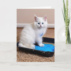 White Kitten in Paint Tray zum Geburtstag Karte