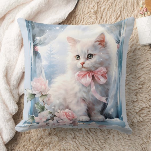 White Kitten Pink Bow Kissen (Decke)