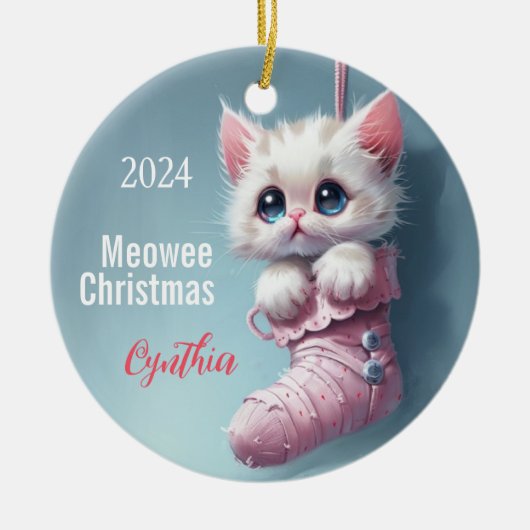 White Kitten Pink Strumpf Personalisiert Ornament (Vorne)