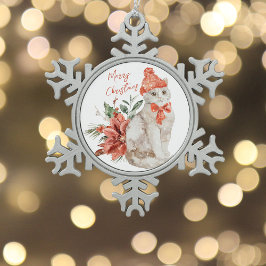 White Kitten Red Poinsettia Frohe Weihnachten Schneeflocken Zinn-Ornament