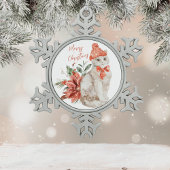 White Kitten Red Poinsettia Frohe Weihnachten Schneeflocken Zinn-Ornament