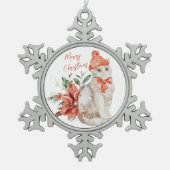 White Kitten Red Poinsettia Frohe Weihnachten Schneeflocken Zinn-Ornament (Vorderseite)
