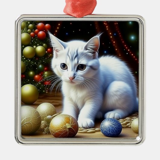White Kitten Spiel mit Gold Weihnachtsschmuck (Vorne)