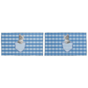 White Kitten Taschenblauer Karo lustige Illusion 3 Kissenbezug