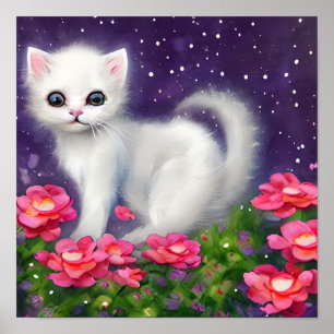 White Kitten umgeben von Blume Poster
