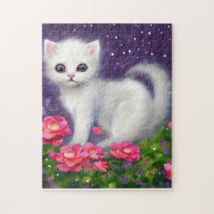 White Kitten umgeben von Blume Puzzle
