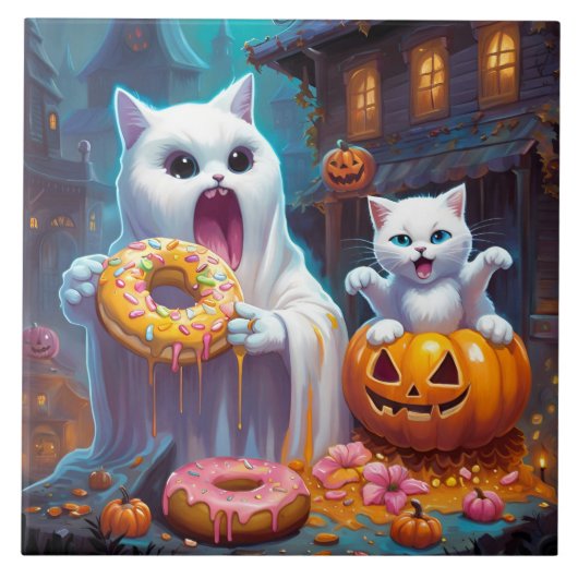White Kitten und Geist essen Halloween Donuts Fliese (Vorderseite)