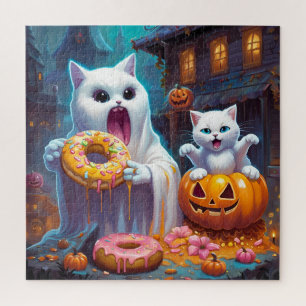 White Kitten und Geist essen Halloween Donuts Puzzle