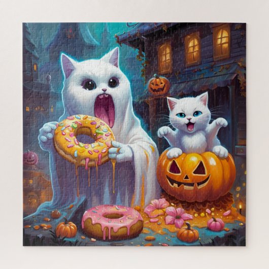 White Kitten und Geist essen Halloween Donuts Puzzle (Vertikal)