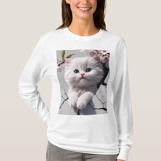 White Kitten unter Kirschblüten T-Shirt (Vorderseite)
