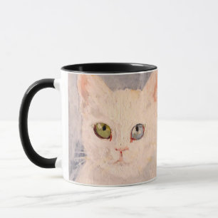 White Kitten with Blue Eye and Green Eye Mug Tasse