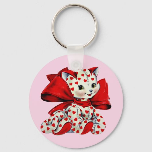 White Kitty Cat Vintag Valentine Art Schlüsselanhänger (Vorderseite)