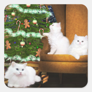 White Kitty Cat Weihnachten Quadratischer Aufkleber