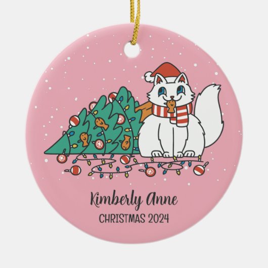 White Kitty Christmas Cat Snowy Winter Holiday Keramik Ornament (Vorne)