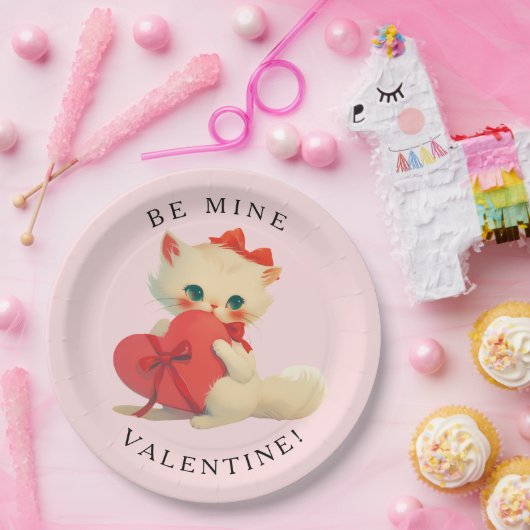 White Kitty Vintage Be Mine Valentine Pappteller (Party)