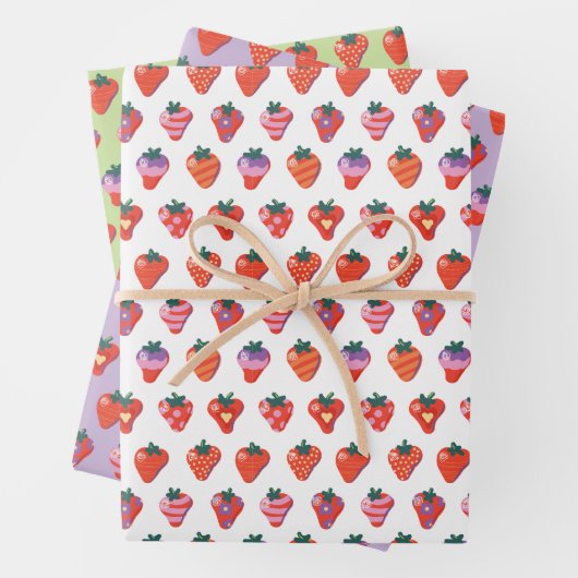 White-Kiwi-Plum Illustrierte Erdbeere Geschenkpapier Set (Beispiel)