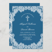 White Lace auf Blue Religious Wedding Einladung (Vorne/Hinten)