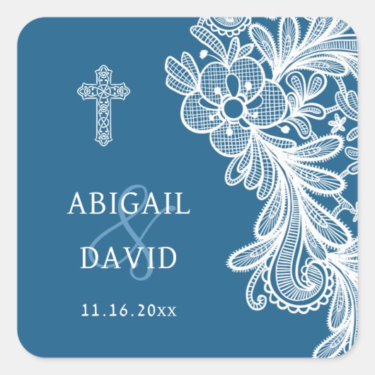White Lace auf Blue Religious Wedding Quadratischer Aufkleber (Vorderseite)