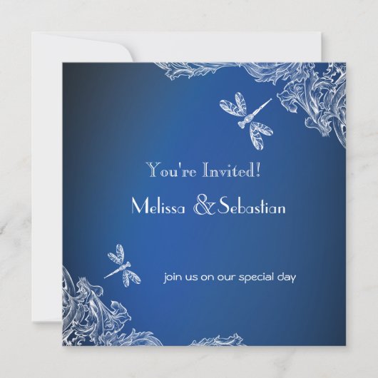 White Lace auf Royal Blue Dragonflies Wedding Einladung (Vorderseite)