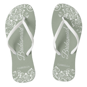 White Lace auf Sage Green Bridesmaid Hochzeit Badesandalen