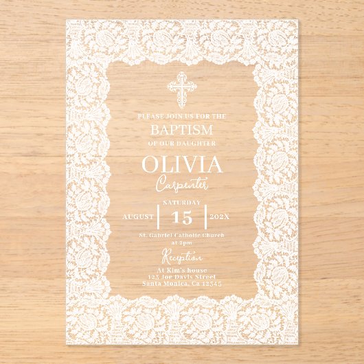 White Lace Baptism Acryleinladungen (Vorderseite)