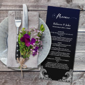 White Lace Black and Blue Wedding Menu Menükarte
