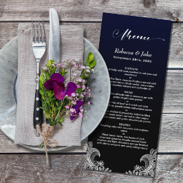 White Lace Black and Blue Wedding Menu Menükarte