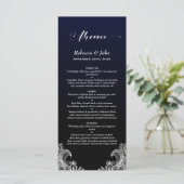 White Lace Black and Blue Wedding Menu Menükarte (Stehend Vorderseite)