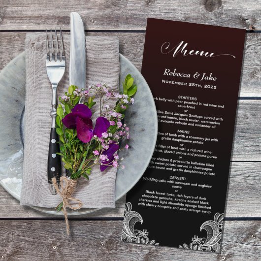 White Lace Black und Burgund Wedding Menu Menükarte