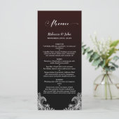 White Lace Black und Burgund Wedding Menu Menükarte (Stehend Vorderseite)