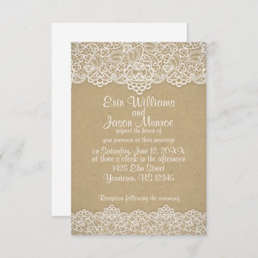 White Lace Brown Paper Wedding Einladung (Vorne/Hinten)