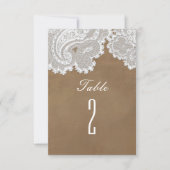 White Lace & Brown Rustic Wedding Tischnummer (Vorderseite)