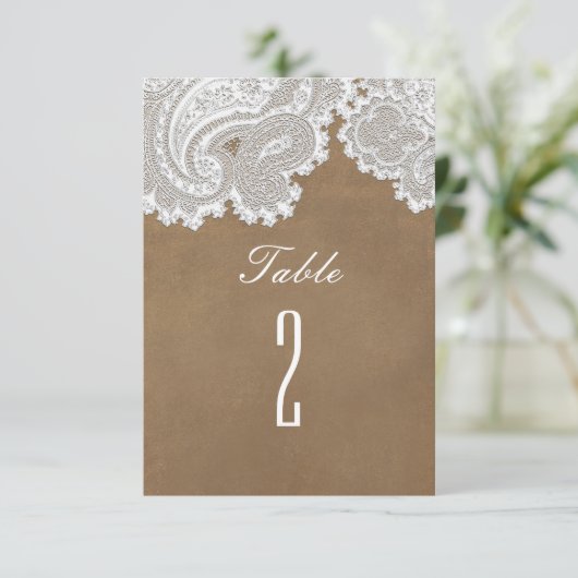 White Lace & Brown Rustic Wedding Tischnummer (Stehend Vorderseite)