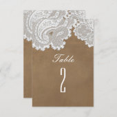 White Lace & Brown Rustic Wedding Tischnummer (Vorne/Hinten)
