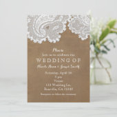 White Lace & Brown Wildleder Rustikale Chic Weddin Einladung (Stehend Vorderseite)