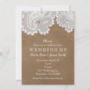 White Lace & Brown Wildleder Rustikale Chic Weddin Einladung