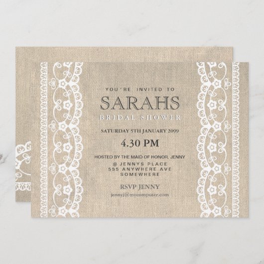 White Lace & Burlap Brautparty Party laden ein Einladung (Vorne/Hinten)