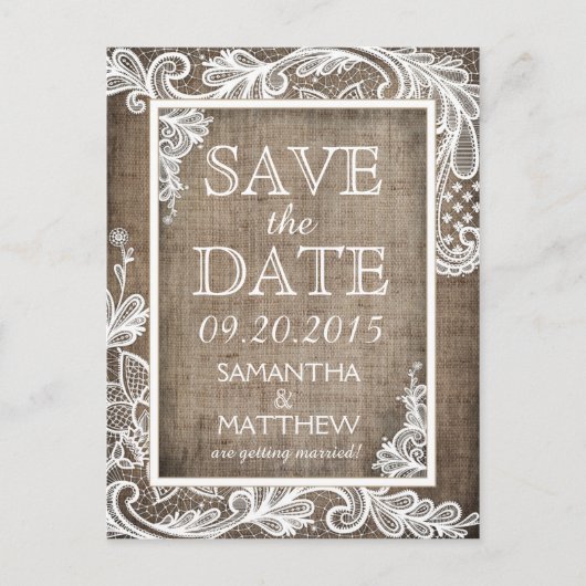 White Lace Burlap Modern Goth Save the Date Ankündigungspostkarte (Vorderseite)