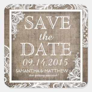White Lace Burlap Modern Goth Save the Date Label Quadratischer Aufkleber