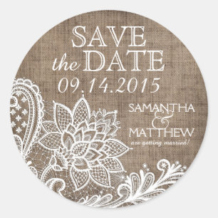 White Lace Burlap Modern Goth Save the Date Label Runder Aufkleber