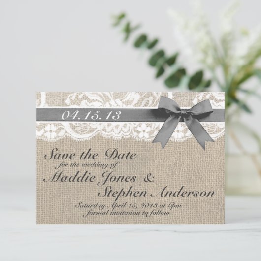 White Lace & Burlap Wedding Save the Date (Stehend Vorderseite)
